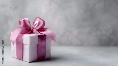 A light pink gift box adorned with a luxurious pink satin bow rests on a simple surface set against a softly textured gray background