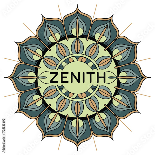 Zenith lettering in ornamental decorative abstract circle frame. Geometric spiritual symbol. Circular text emblem.
