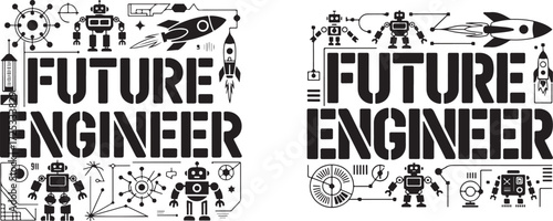 Robots rockets future engineer stencil vector