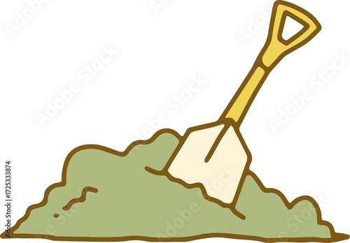 Hand-drawn illustration of a shovel digging into a pile of dirt on black backdrop