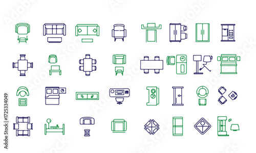 A collection of simple line drawings representing various furniture and architectural elements commonly used in floor plans.