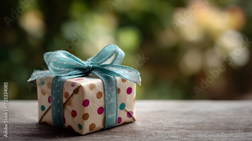 A polka dot gift box with a teal ribbon sits on a wooden surface against a blurred natural background