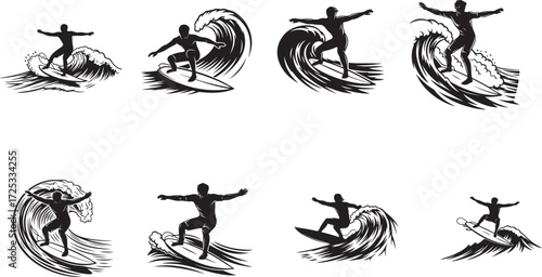 Surfers riding ocean waves surfing water