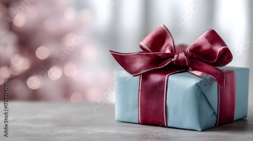 A beautifully wrapped light blue gift box with a burgundy ribbon and bow set against a soft blurred festive background of pink bokeh lights