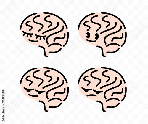 Brain, cartoon character and emotions, graphic design. Emotional, sleeping, cheerful, joyful, sad and angry, vector design and illustration