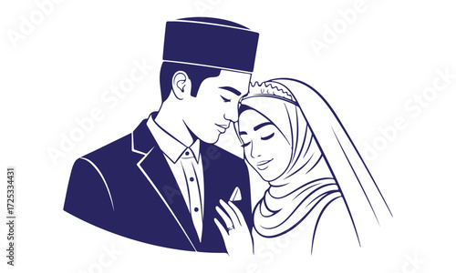 A stylized illustration of a Muslim bride and groom in traditional wedding attire, sharing a loving embrace.