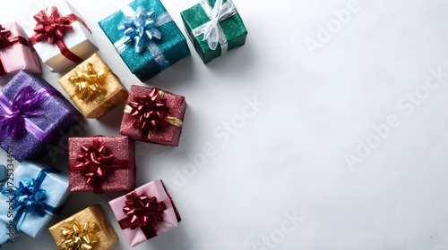 A festive collection of colorful glittery gift boxes arranged on a white surface ready for celeb n