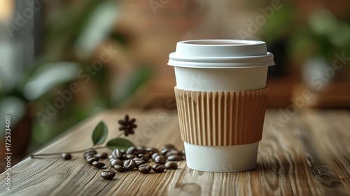 Hot coffee cup on wooden table with beans decoration HD Video 4K