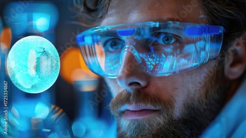 Man wearing protective glasses with futuristic digital background HD Video 4K