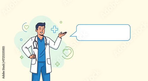 A friendly male doctor cartoon character in a lab coat gestures confidently towards an empty speech bubble, perfect for health advice or presentations.