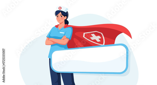 A dedicated female nurse, a healthcare hero with a red cape and cross, stands confidently, offering a customizable text box.