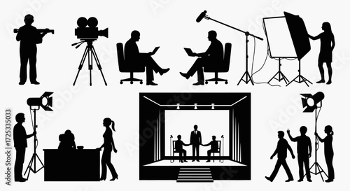 Dynamic black silhouette icons depicting professional film and television production, featuring studio interviews, camera crew, and essential lighting equipment.