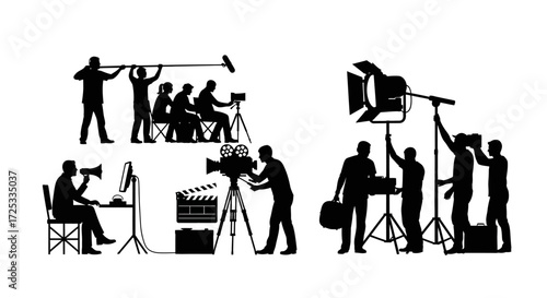 A comprehensive collection of silhouette illustrations depicting various roles and essential equipment involved in professional film and video production.