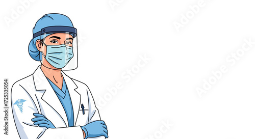 A dedicated female medical professional, wearing a protective face shield, surgical mask, and gloves, stands confidently, representing healthcare safety and essential service.