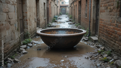 A large basin sits in the middle of a muddy narrow alleyway