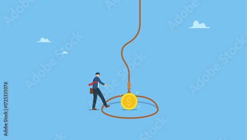 Greed businessman try to step into tricky rope trap to get money banknotes bundle. Money trap to trick greed people, danger fraud or threat to attack victim, financial or investment problem.