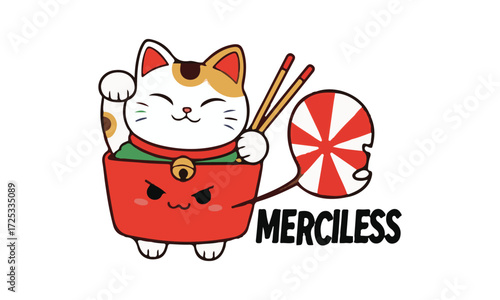 A cute, smiling Maneki Neko cat peeking out of a red bag, holding chopsticks and a striped candy.