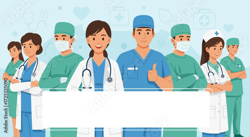 A diverse and dedicated team of healthcare professionals, including doctors and nurses, stands united, holding a blank banner, symbolizing their vital commitment to patient care.