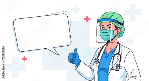 A confident female medical professional, wearing a protective mask and face shield, gives a reassuring thumbs-up, ready for health communication.