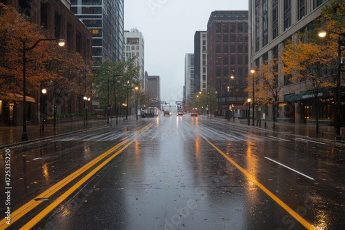 Rain-Soaked City Road with No Traffic