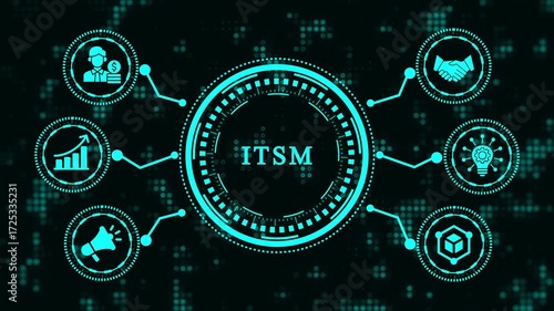 Itsm concept the word itsm in the center and icons of business processes around itsm is the activities performed by an organization to design, plan, deliver, operate