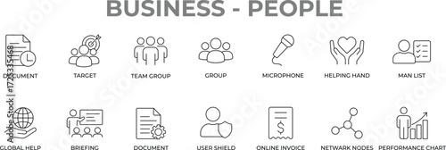 Business people line icons set. Document, Target, Team group, Group, Microphone, Helping, Man list, and global healp icons collection 