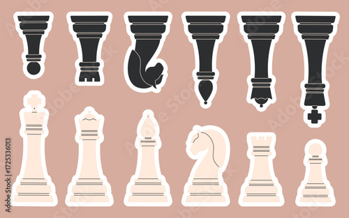 Chess pieces sticker pack. King, Queen, rook, knight, Bishop, pawn. Game for logic and intellect. Flat vector illustration
