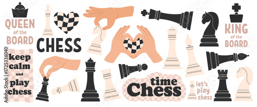 Chess sticker pack. Motivational chess slogan, inspirational quote with chess figures, chessboard. Flat vector illustration isolated on white background