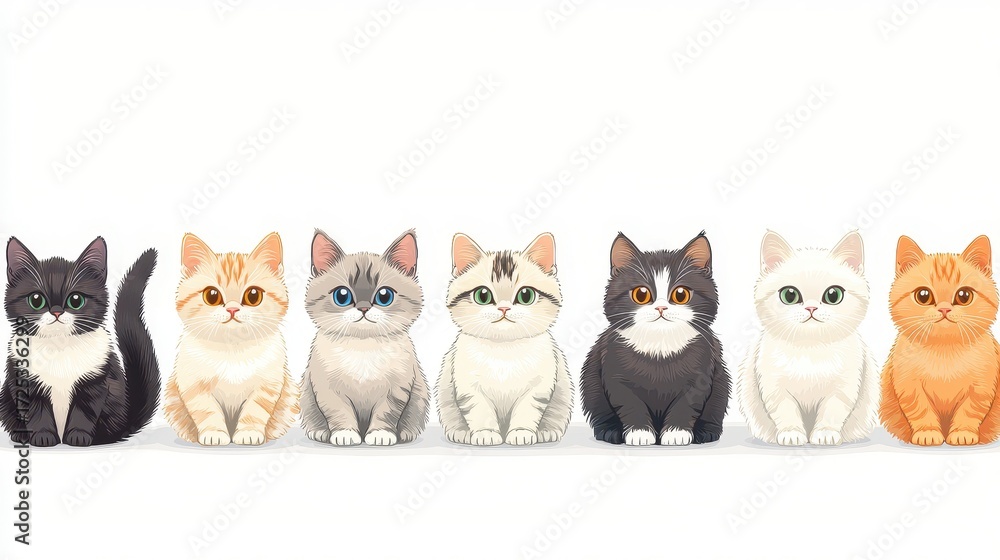 Obraz premium Cute and Colorful Cartoon Cats Sitting in a Row on White Background