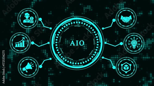 The aio all in one concept is displayed as a hologram the aio is a computer that combines all the components of a desktop computer into a single unit