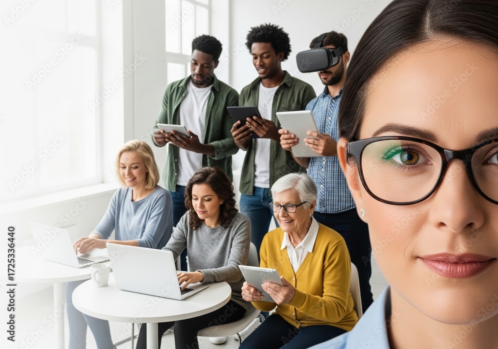 Fototapeta premium A diverse group of people, from teens to seniors, mastering new skills with laptops, tablets, and VR headsets in a bright modern space, embodying adaptability and lifelong learning
