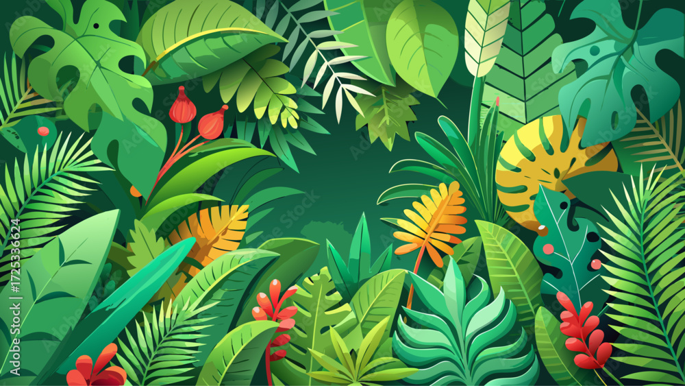 3D tropical leaf border in paper cut style, lush greenery design, exotic plants background, botanical summer vibes, floral jungle pattern, poster vector illustration, rainforest paradise theme, 