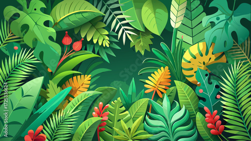 3D tropical leaf border in paper cut style, lush greenery design, exotic plants background, botanical summer vibes, floral jungle pattern, poster vector illustration, rainforest paradise theme, 