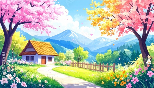 Cute japanese style vilage with sakuras flowering in an explosion of colors. Blue sky and green mountains. Colors of nature