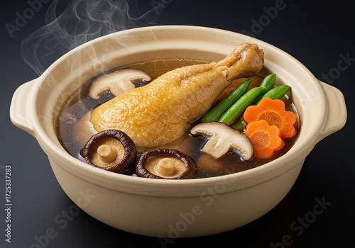 Heartwarming japanese chicken and vegetable soup in a ceramic pot ready to serve