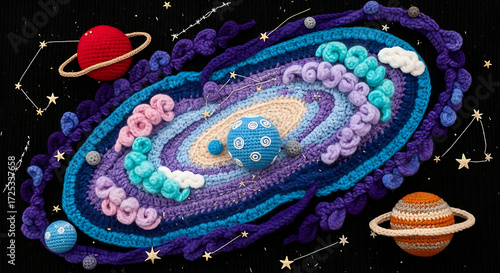 a vast, awe-inspiring galaxy reimagined as though it were lovingly knitted from yarn and stitched textures.