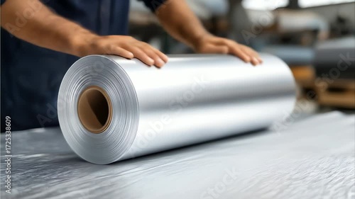 Industrial Roll of Metal Foil Being Unrolled