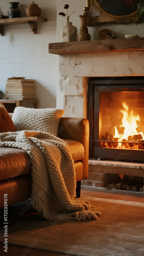 Fototapeta premium A soft knitted blanket draped over a couch, golden fireplace light illuminating a small rustic room