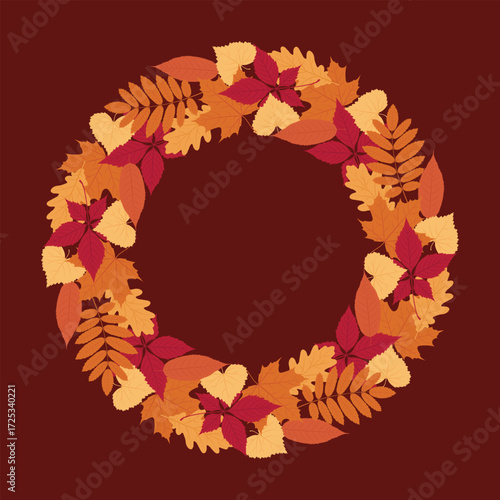 Decorative circular wreath made of autumn oak, maple, rowan and virginia creeper leaves in orange, yellow and red colours. Flat vector illustration isolated on a brown background.