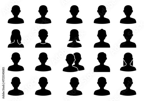 Minimalist flat design user profile icons in solid black silhouettes, a simple human bust with variations in the shoulders, neckline, and body shape.