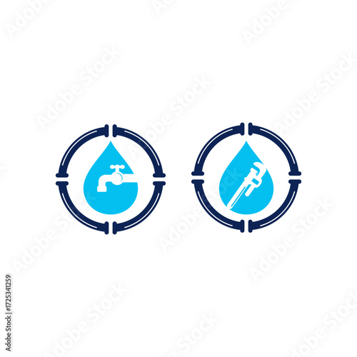 Two plumbing logos: water drop, pipes, faucet, wrench, repair service.