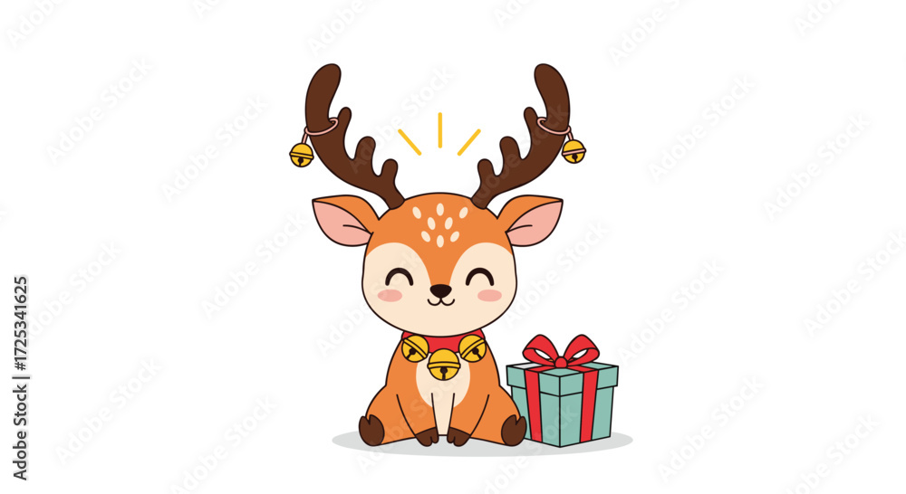 Naklejka premium A cute reindeer with bells and a gift.