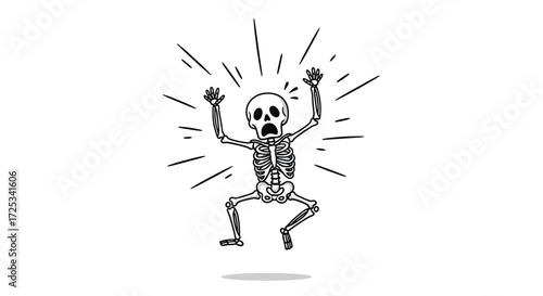 A skeleton is jumping in shock with radiating lines.