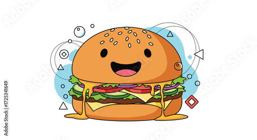 A cheerful cartoon hamburger with melted cheese and leafy greens.
