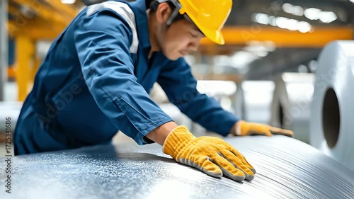 Metal Worker Inspecting Aluminum Roll in Factory