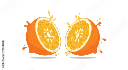 Fresh orange cut in half with juice splashing out.