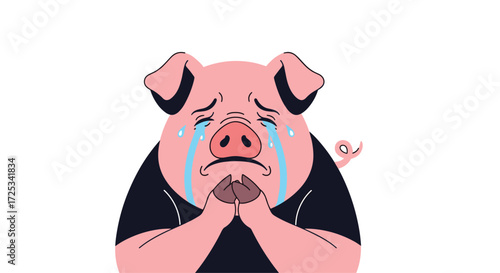 A pig is crying with its hands clasped together asking for something.