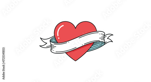 A red heart with a white banner wrapped around it, suggesting love and affection.