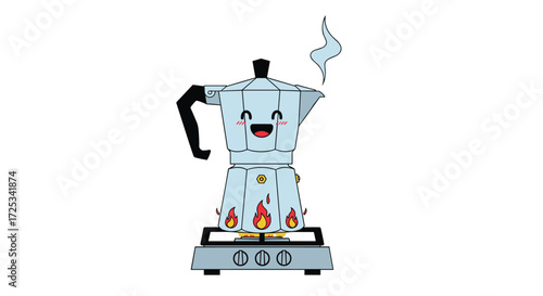 A happy coffee maker heats up on a stove.