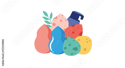 A variety of makeup sponges and a foundation pump are arranged together.